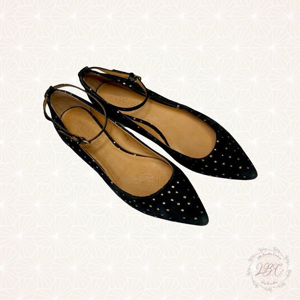Madewell Pointed Toe Flats with Ankle Strap Black Suede Leather Gold Polka Dots